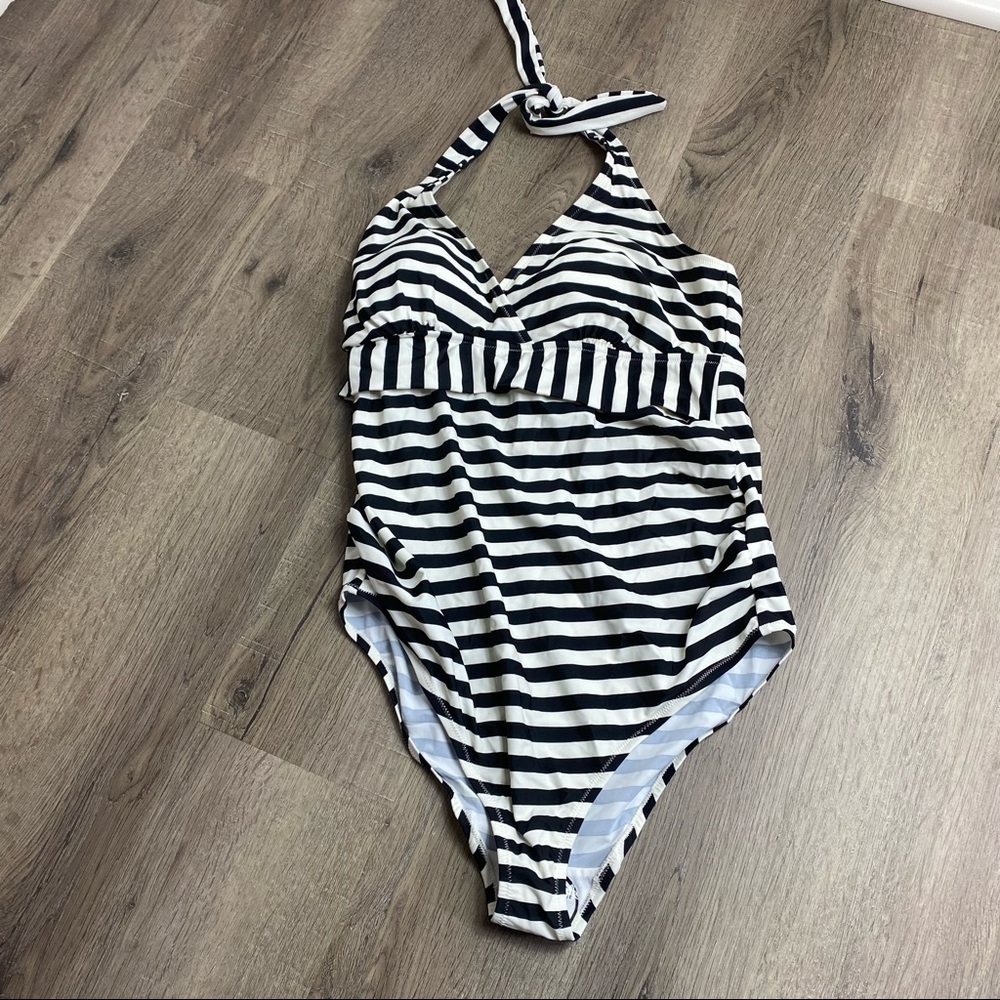 Motherhood Maternity Beach Bump NWT One Piece Swimsuit Black White Stripe Halter - Picture 2 of 14